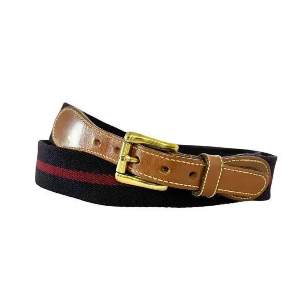 Dooney & Bourke Vintage Leather Navy Blue Red Stripe Wool Surcingle Belt Size 38